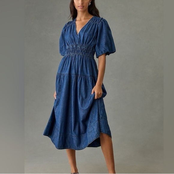 Pilcro Dresses & Skirts - Pilcro Anthropologie Smocked Puff Sleeve Denim Dress Size Small Prairie Blue
